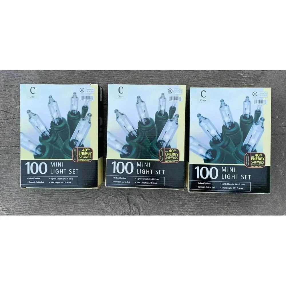 Lot of 3 100 Mini Lights Clear 27.1 Feet Indoor Outdoor Green Wire